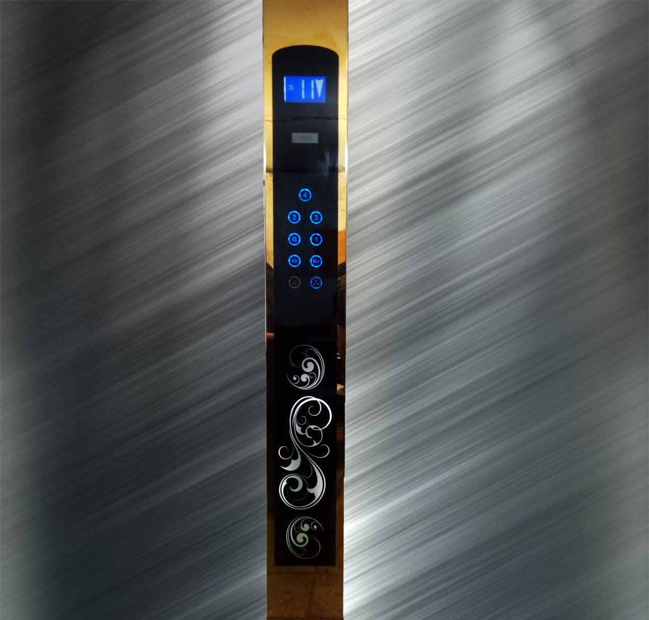 4- شستی احضار داخل کابین نمراتور لاتیس لمسی شیشه سکوریت فریم استیل طلایی میرور