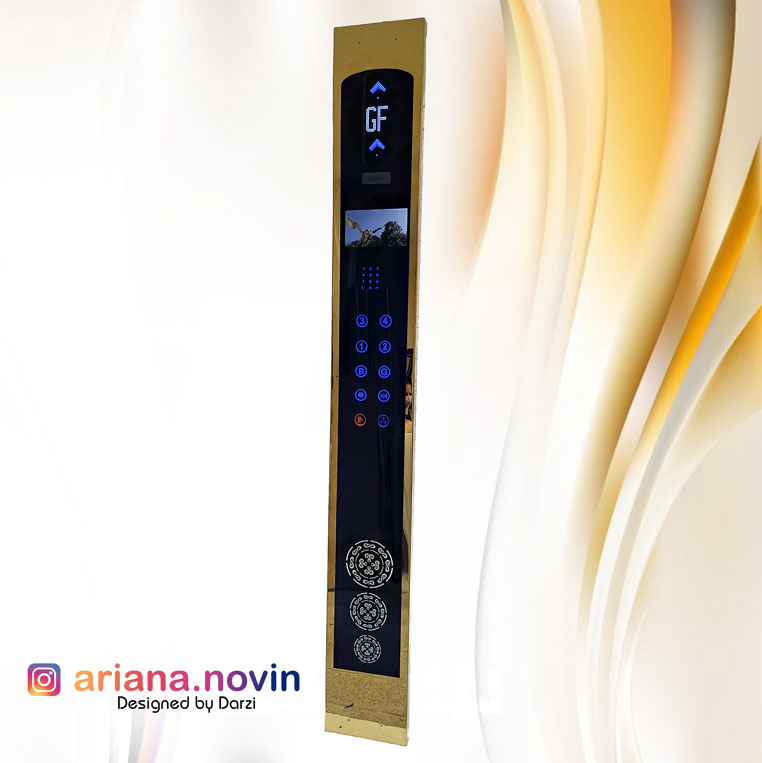 53- شستی احضار داخل کابین شیشه سکوریت فریم استیل طلایی میرور نمراتور ریزشی بزرگ 6 دات نمایشگر عکس و فیلم 8 اینچ تلفن لمسی کلید لمسی